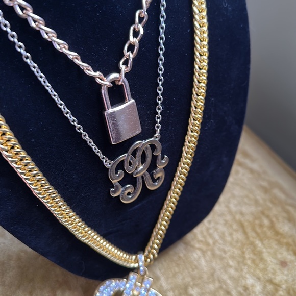 Zara 1st $ Gold + Crystals Link Chain 2nd lock chain 3rd script letters. Hip Hop - Picture 5 of 7